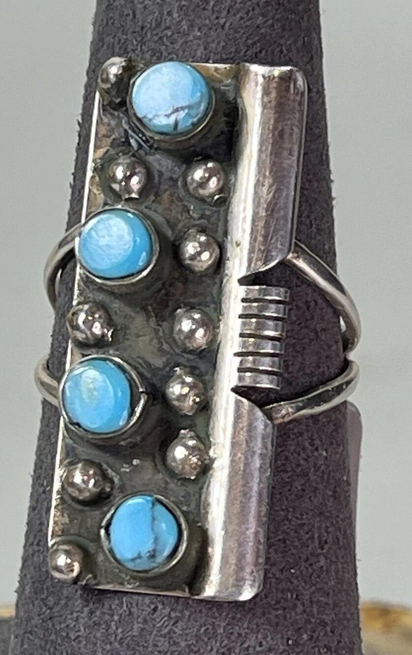 NAVAJO Kingman Turquoise Sterling Silver Statement Ring Sz 8 Signed S Francisco